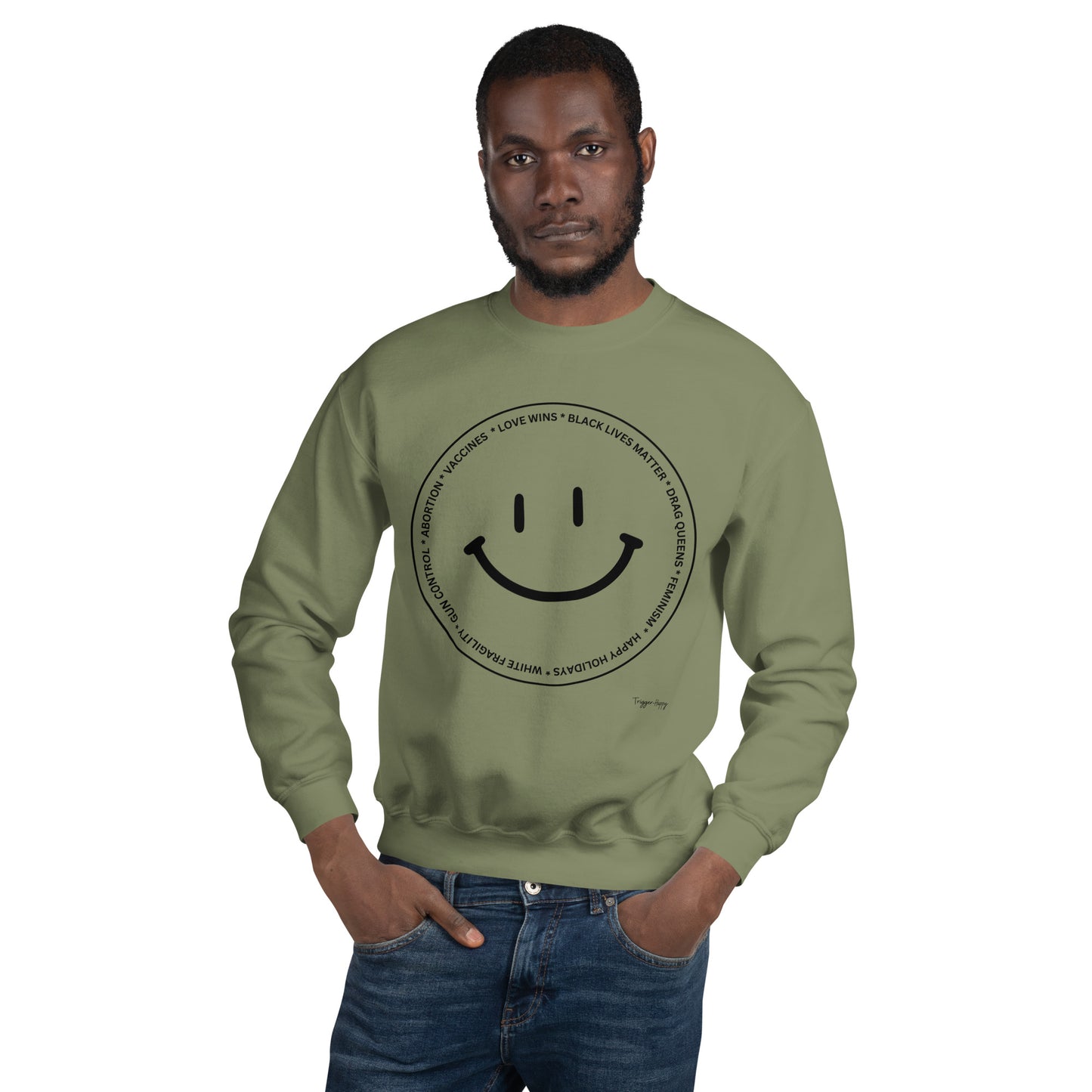 TRIGGER HAPPY UNISEX SWEATSHIRT BLACK TEXT